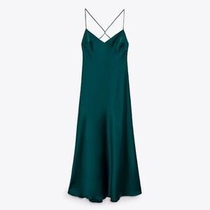 Zara satin maxi backless dark emerald green Teal Slip Dress